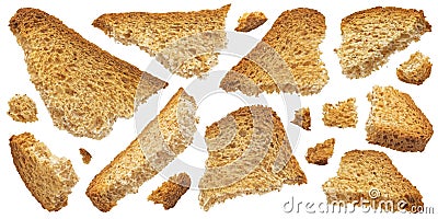 Crispy bread rusk pieces isolated on white background Stock Photo