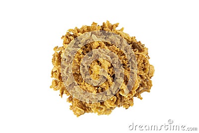 Crispy carmelized fried onion flakes heap isolated on white background. Spices and food ingredients Stock Photo