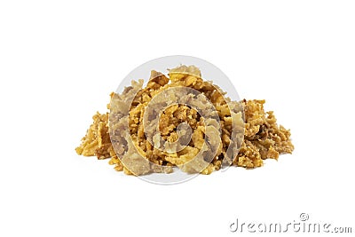 Crispy carmelized fried onion flakes heap isolated on white background. Spices and food ingredients Stock Photo