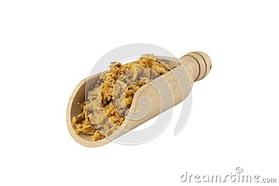 Crispy carmelized fried onion flakes in wooden scoop isolated on white background. Spices and food ingredients Stock Photo