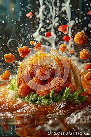 Crispy Chicken Tacos with Fresh Lettuce, Shredded Cheese and Diced Tomatoes Delicious Mexican Cuisine Concept Stock Photo