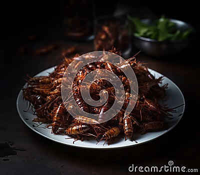 Crispy cricket menu. A special dish of lightly browned, crispy, fried crickets. Generative AI(Real 300 DPI) Stock Photo