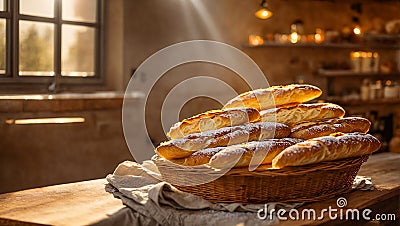 Crispy delicious French baguettes in a basket tasty healthy kitchen gourmet Editorial Stock Photo