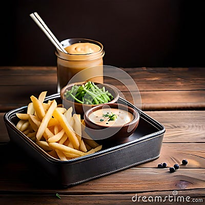 Crispy French Fries Temptation: Golden Perfection in Every Bite by generative AI Stock Photo
