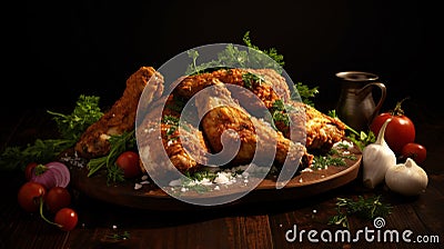 Crispy fried chicken wings. Culinary photo, dark background Stock Photo