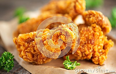 Crispy fried chicken wings on wooden table Stock Photo