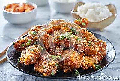 Crispy fried korean chicken wings in galbi sauce with pickled radish, kimchi, and rice side dishes Stock Photo