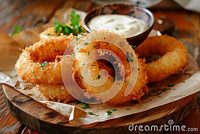 Crispy Fried Onion Rings Served with Dipping Sauce Stock Photo