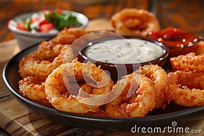 Crispy Fried Onion Rings Served with Dipping Sauce Stock Photo