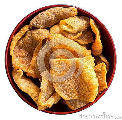 Crispy fried salmon skin in cup. Stock Photo