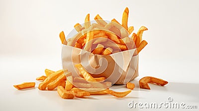 Crispy golden French fries in a paper wrap on a white background Stock Photo