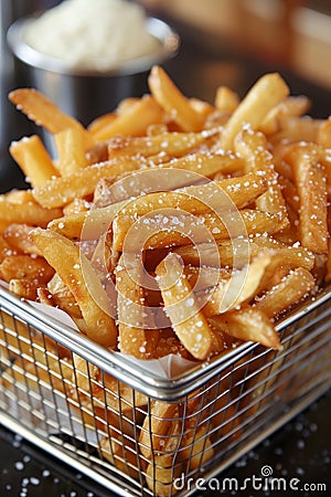 Crispy golden potato chips deep fried to perfection with seasonings in bubbling oil Stock Photo