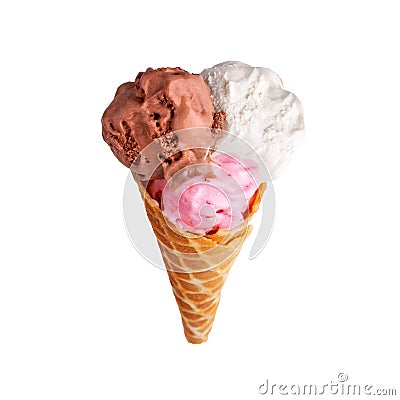 Crispy ice cream waffle cone with three scoops of vanilla, chocolate, strawberry ice cream on white background isolated close up Stock Photo