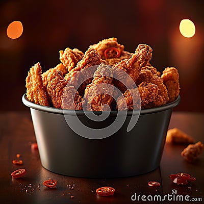 Crispy Kentucky fried chicken piled high in a bucket Stock Photo