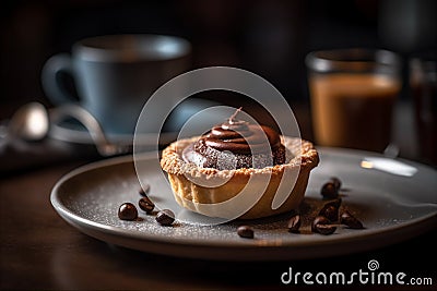 Crispy pastry tartlet filled chocolate. Generative AI. Stock Photo