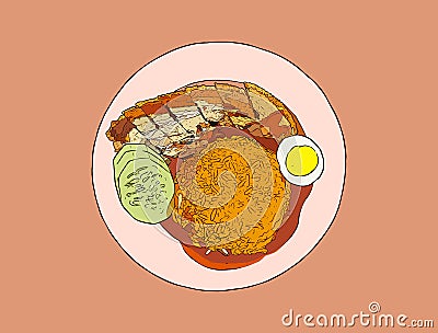 Crispy pork belly rice .Top view hand draw sketch vector. Vector Illustration