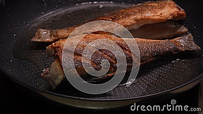 Crispy Seared Fish in Non-Stick Pan. Stock Photo