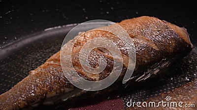 Crispy Seared Fish in Non-Stick Pan. Stock Photo