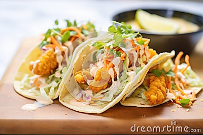 crispy shrimp tacos with spicy mayo and shredded lettuce on a tray Stock Photo