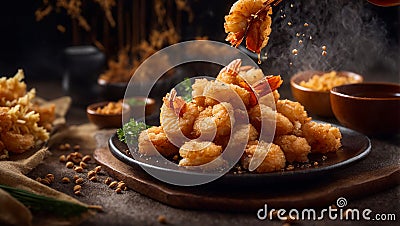 Crispy shrimp tempura eat cook restaurant Asian lunch traditional yummy fried seafood Stock Photo