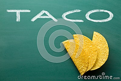 Crispy taco shells on chalkboard Stock Photo