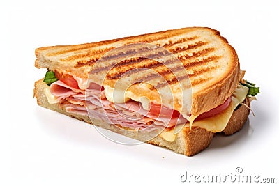 Crispy toasted sandwich with ham, melted cheese, tomato isolated on white background Stock Photo