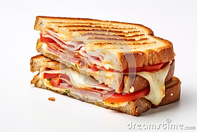 Crispy toasted sandwich with ham, melted cheese, tomato isolated on white background. Generative AI Stock Photo