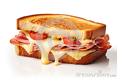 Crispy toasted sandwich with ham, melted cheese, tomato isolated on white background. Generative AI Stock Photo