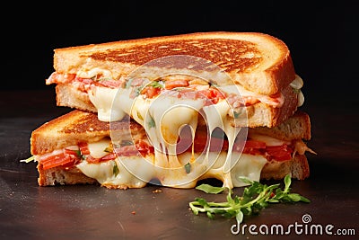 Crispy toasted sandwiches with ham, melted cheese and tomato on black background, Street food, Closeup Stock Photo