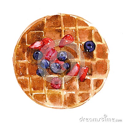 Crispy Viennese waffles with strawberries, blueberries and syrup. Watercolor illustration isolated on white background Cartoon Illustration