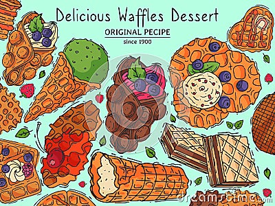 Crispy wafer recipe poster chocolate cream flavor belgian dessert cookie vector illustration. Sweet food snack biscuit Vector Illustration