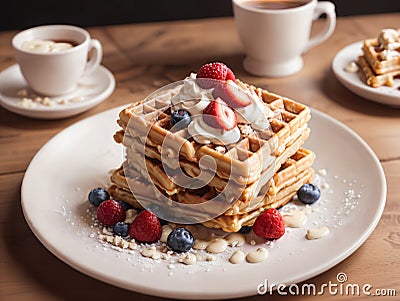 Crispy waffles with blueberries and strawberries on a white plate. Stock Photo