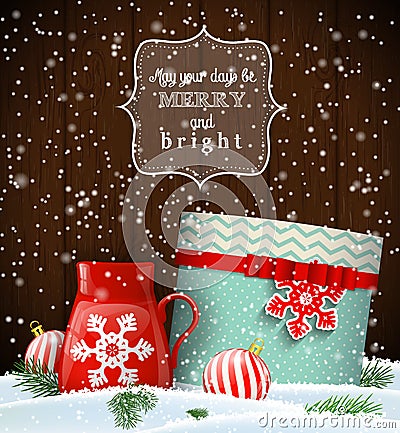 Cristmas greeting card with giftbox and red teacup Vector Illustration