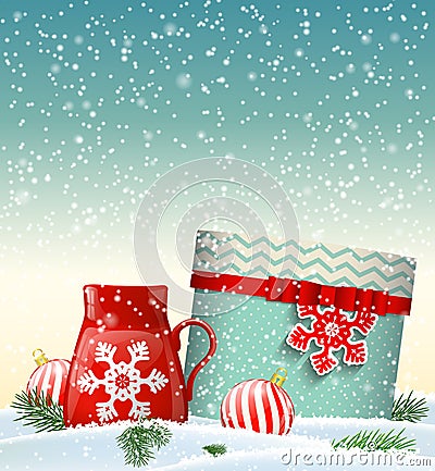 Cristmas greeting card with giftbox and red teacup Vector Illustration