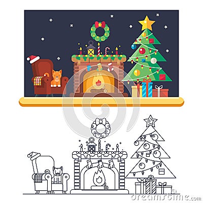 Cristmas Room New Year Santa Claus Icons Greeting Card Elements Flat Lineart Design Vector Illustration