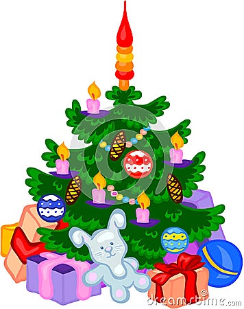 Cristmas tree with cones, balls, garlands and gifts Vector Illustration