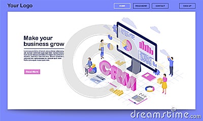 CRM for business growth isometric landing page vector template. Client data analysis, marketing statistics. Customer management Vector Illustration