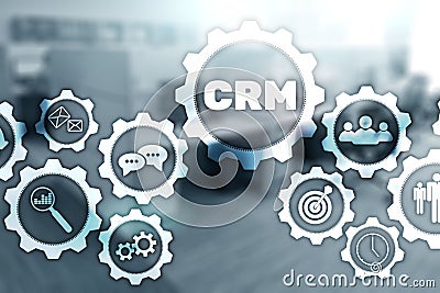 CRM Customer Management Analysis Service Concept. Graphics on blurred office background. Stock Photo