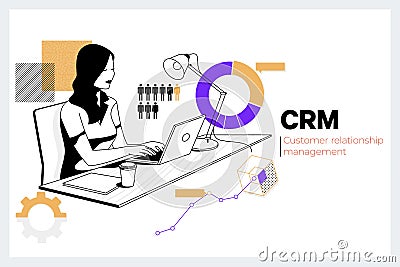 CRM Customer Relationship Management Business Internet Techology Concept.Creative woman working with computer in the Vector Illustration