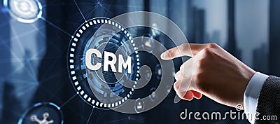 CRM Customer Relationship Management. Businessman clicks. Business Internet Technology Concept Stock Photo