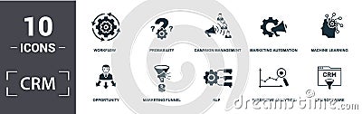 Crm icon set. Contain filled flat machine learning, marketing automation, predictive analytics, probability, umbrella, anchor Stock Photo