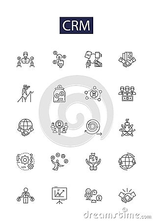 Crm line vector icons and signs. Software, Customer, Relationship, Database, Sales, Automation, Management, Analytics Vector Illustration