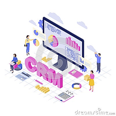 CRM software, platform isometric vector illustration. Client data analytics and storage. Customer relationship management service Vector Illustration