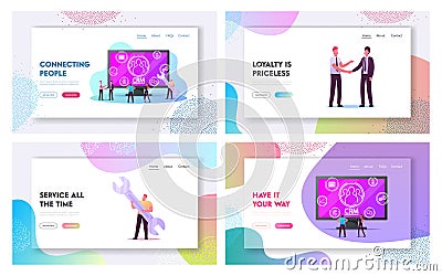 Crm System, Customer Relationship Management Landing Page Template Set. Tiny Characters Analysing Client Profile Vector Illustration