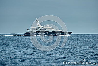 Croatia, Adriatic Sea, 17 September 2019: The huge motor yacht with a name Blue Vision passes with high speed, a Editorial Stock Photo