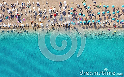 Croatia. Aerial view on the beach. Panoramic landscape. Beach and turquoise water. Top view from drone at beach and azure sea. Stock Photo