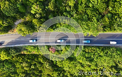 Croatia. Aerial view on road in the forest. Highway throu the forest. View from a drone. Natural landscape in summer time from air Stock Photo