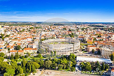 Croatia, Istria, city of Pula, panoramic view of ancient Roman arena, historic amphitheater Stock Photo