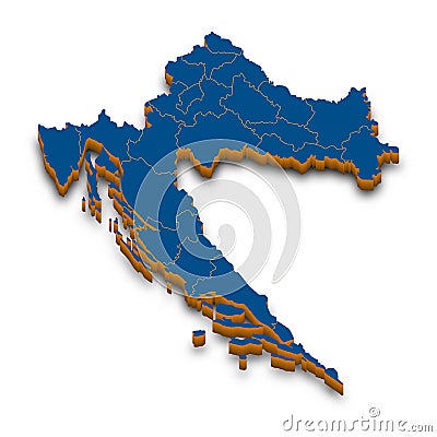 Croatia map vector. High detailed administrative 3D map of Croatia with dropped shadow. Vector blue isometric silhouette with admi Vector Illustration