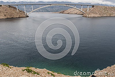 Croatia, Pag island, PaÅ¡ki Most, PaÅ¡ki bridge, bridge, stormy weather, Island of Pag, Europe, cliff, fjord Stock Photo